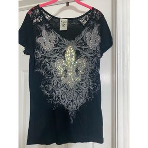 VOCAL~Beautiful Black Lace & Rhinestone top~Large